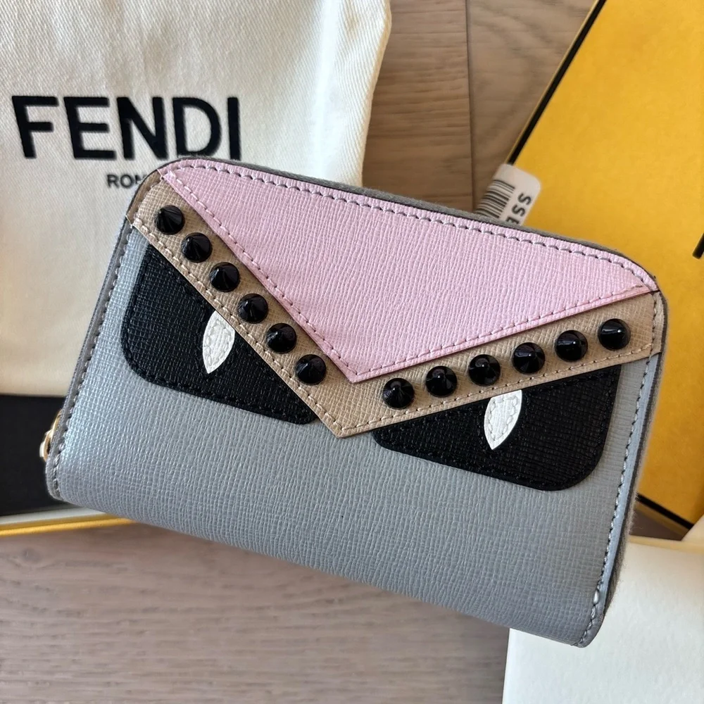 Fendi Vitello Elite Monster Eyes Studded Mini Zip Around Wallet - Picture 2 of 5